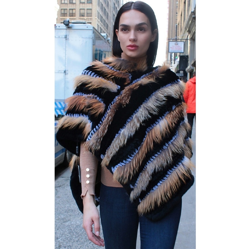 SOLD! Red Fox Black Rex Rabbit Poncho